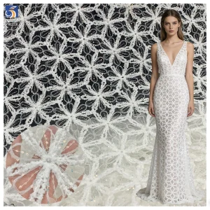 YX1216 American Summer Knitted Embroidery Flowers Fabric Mesh Crochet Rope Lace Fabric With Sequins for Women Dress