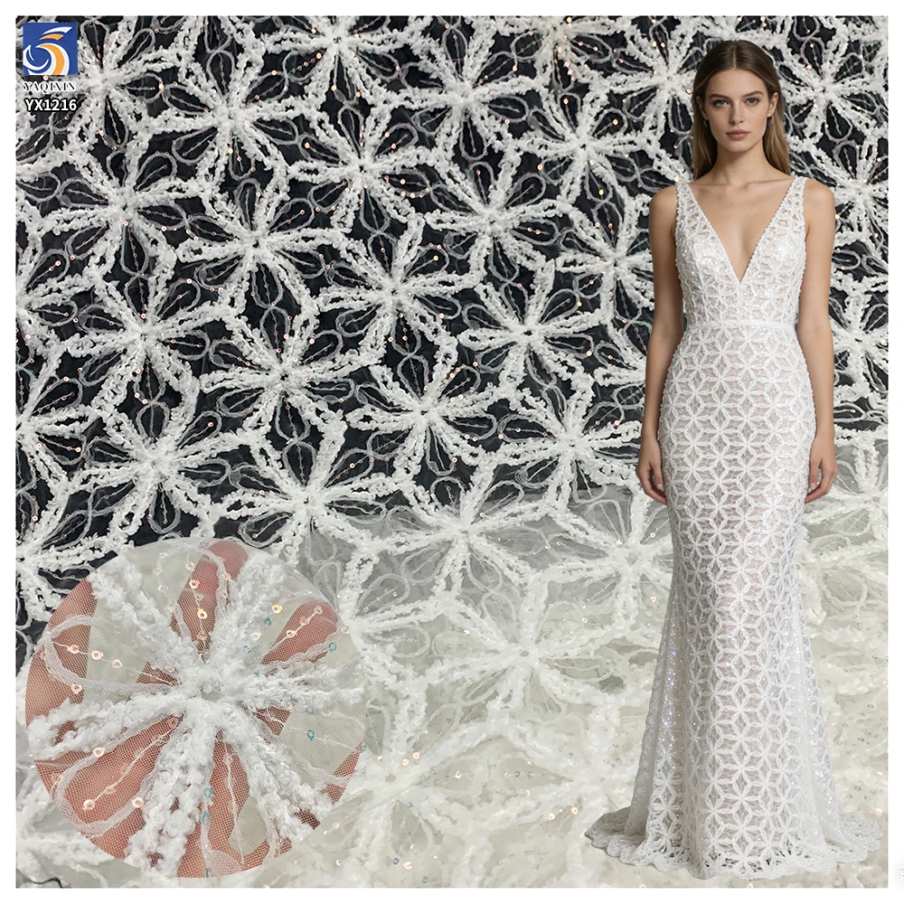 YX1216 American Summer Knitted Embroidery Flowers Fabric Mesh Crochet Rope Lace Fabric With Sequins for Women Dress