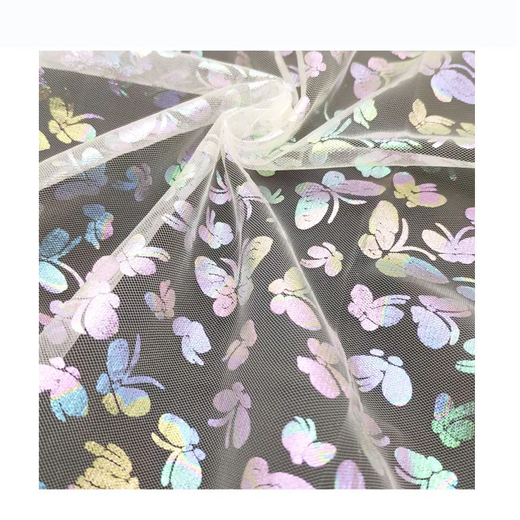 DX132 Stock Cartoon Butterfly Pattern Colorful Foil Print Bronzing Tulle Mesh Fabric Wholesale - 图片 5