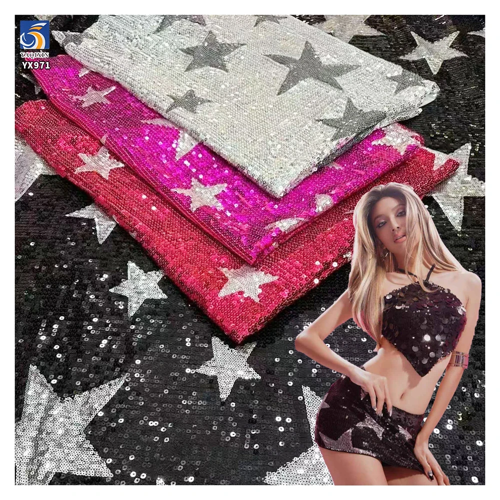 YX971 130cm Large Five-Pointed Star Pattern Sequin Fabric 3+5 cm Fashionable Stage Clothing Stretch Mesh Sequin Fabric