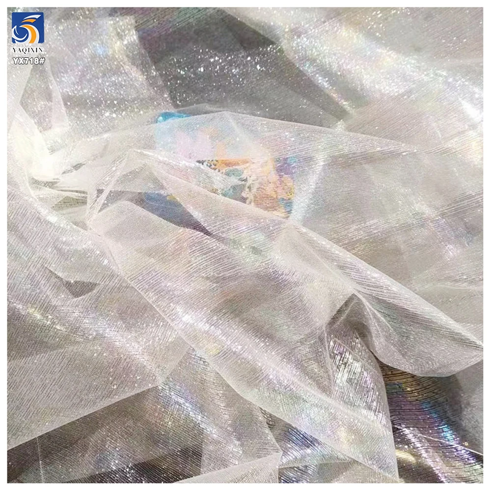 YX718 Lightweight 30gsm Breathable Mesh Dress Tulle Fabric Colorful Holographic Film Tulle Fabric Shiny Knitted Fabric - 图片 6