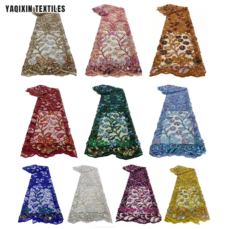 New Trend Luxury Austria African Burnt Orange Lace Fabric Flower Leaf Design Crystal Sequin Embroidery Lace Fabric - 图片 3