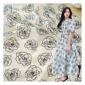OEM China Manufacturer Custom Organza Fabric Khaki Flocked Rose Flower Pattern Organza Fabric 5 Yards