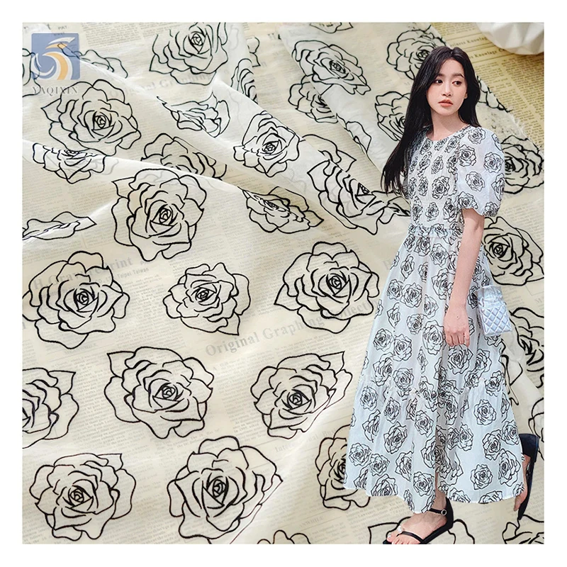 OEM China Manufacturer Custom Organza Fabric Khaki Flocked Rose Flower Pattern Organza Fabric 5 Yards