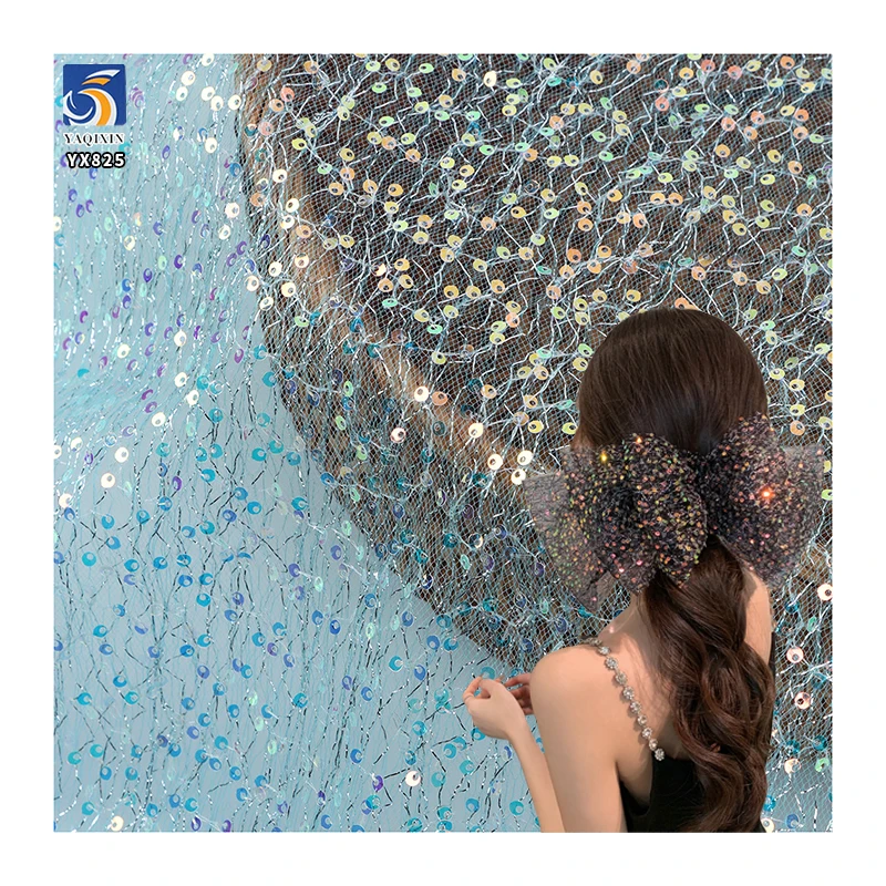 YX825 American Lolita Double Layer Polyester Mesh Embroidery Sequins Fabric Shiny for Clothing for Girls