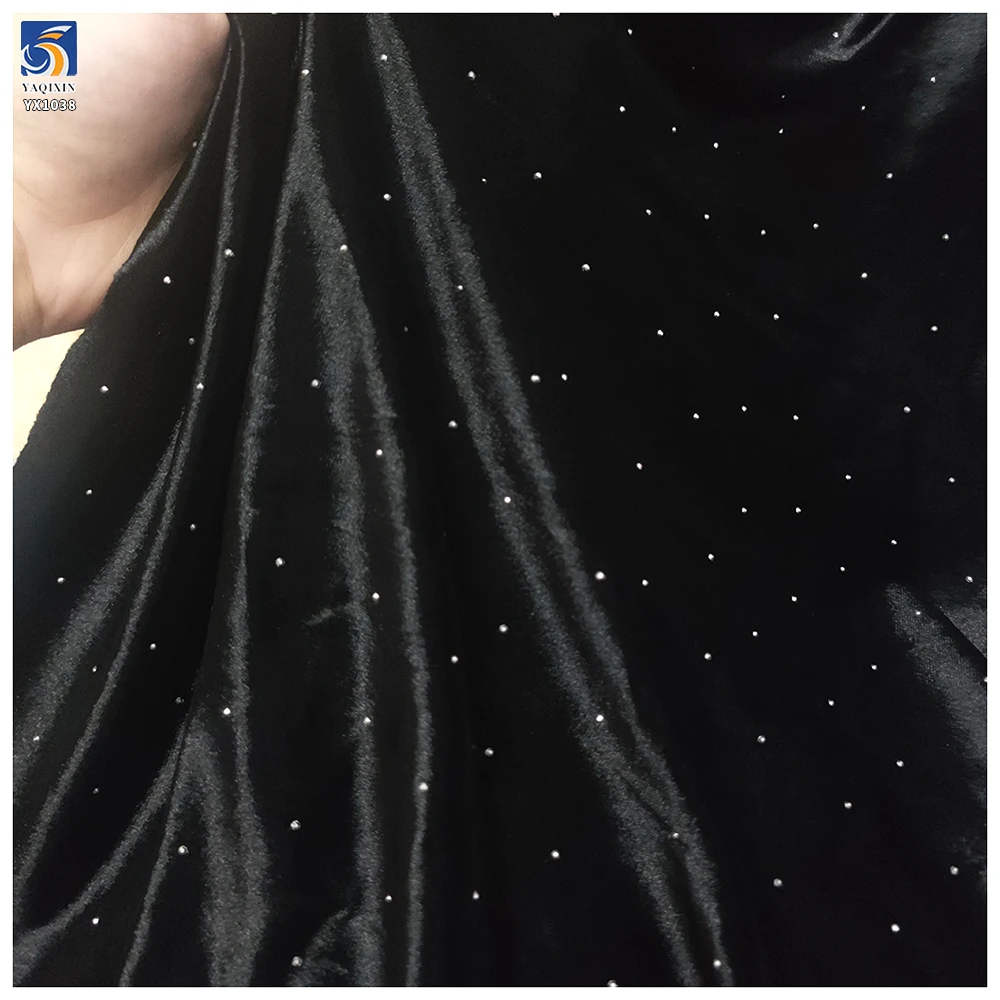 YX1038 180gsm High Quality Spandex Stretch Velvet Knitted Fabric Black With 3D Diamonds Stone Elastic Evening Dress Fabric - 图片 2