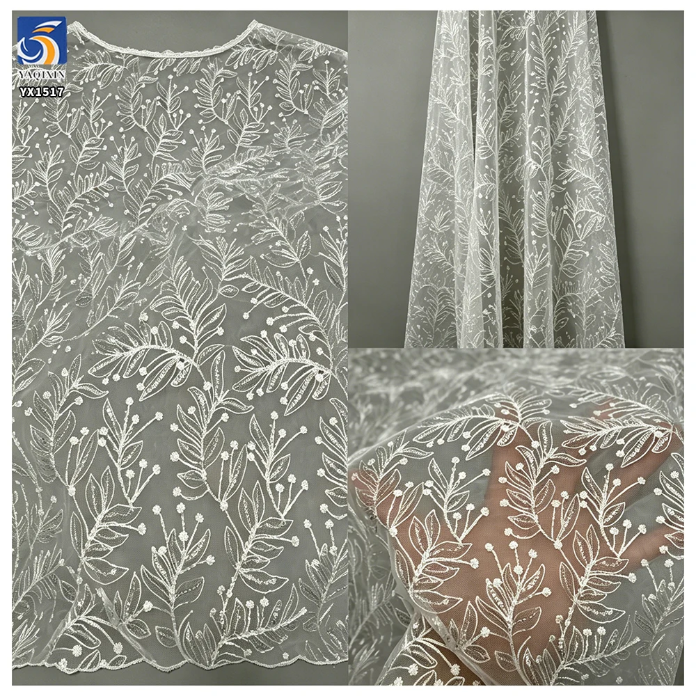 YX1517 Wholesale White Leaf Pattern Embroidered Tulle Fabric With 3mm Sequins for Gown Ladies Apparel - 图片 6