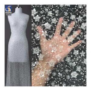 YX995 Ceramic White Sequins Lace Fabric for French Wedding Heavy-duty High-quality Florals Sequin Embroidery Lace Fabric