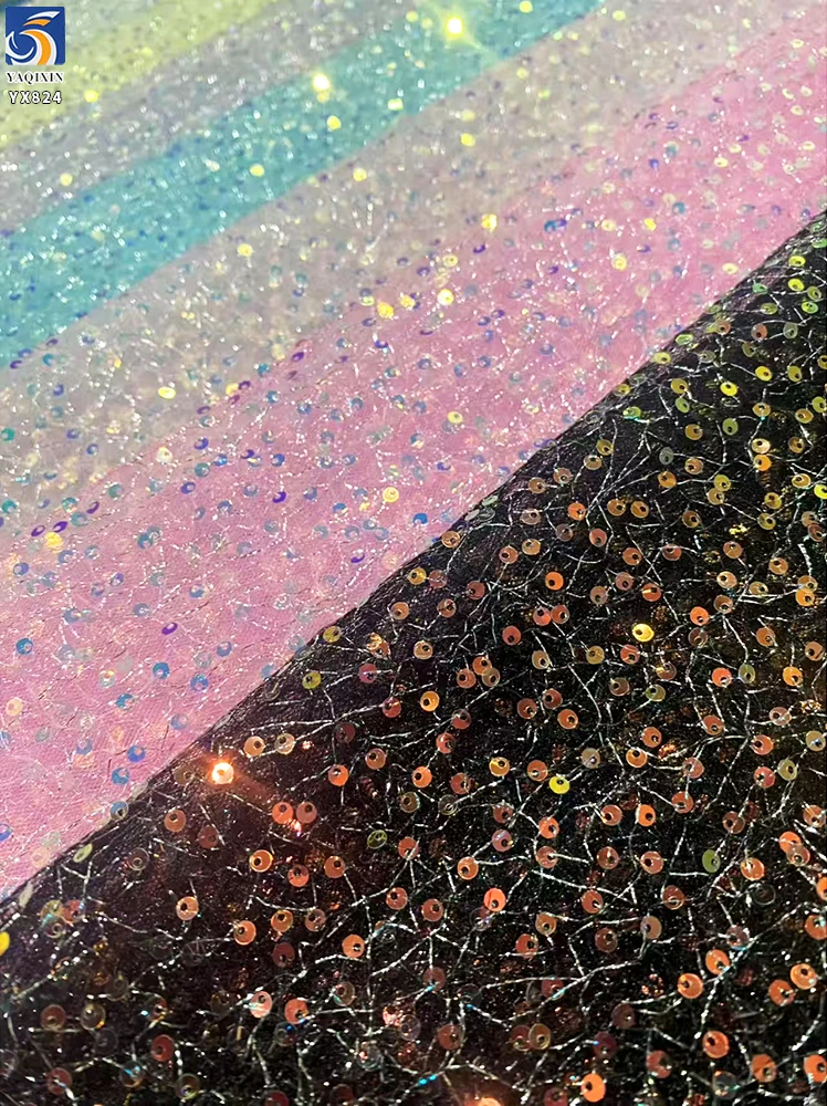 YX824 New Summer Design Silver Thread Double Layer Mesh 6mm Transparent Embroidered Sequins Fabric for Wedding Dress - 图片 6
