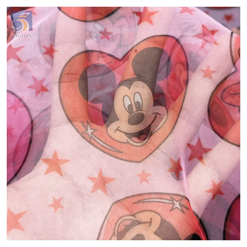 YX2571 Valentine's Day Tulle Fabric Mickey Heart Pattern Polyester Fabric Cartoon Printed Mesh Tulle Fabric for Children - 图片 4