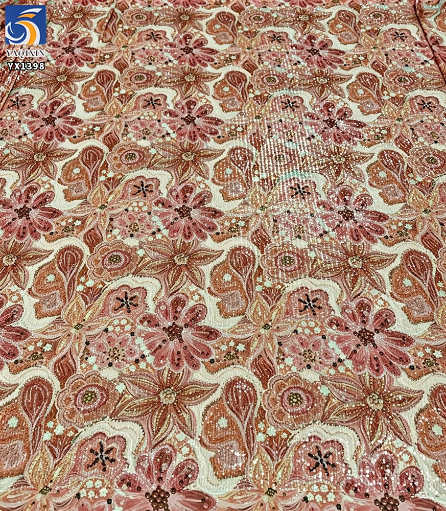 YX1398 Custom 3mm Sequins Large Florals Print Mesh Fabric 5 Yards MOQ Diagonal Stripe Dress Sequin Print Fabric - 图片 5