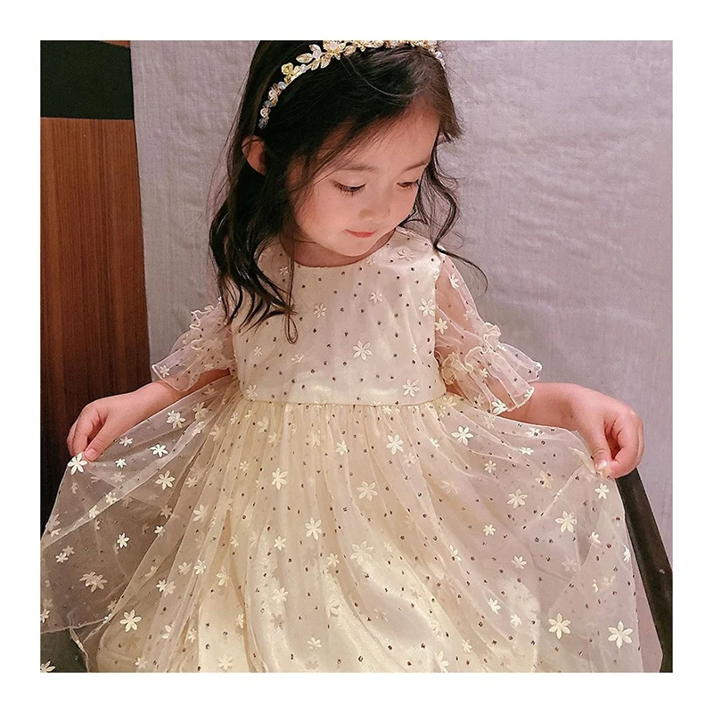 Summer Custom Lovely White Six-Petal Floral Printing Mesh Tulle Baby Dress Fabric Gold Dot Glitter Tulle - 图片 4