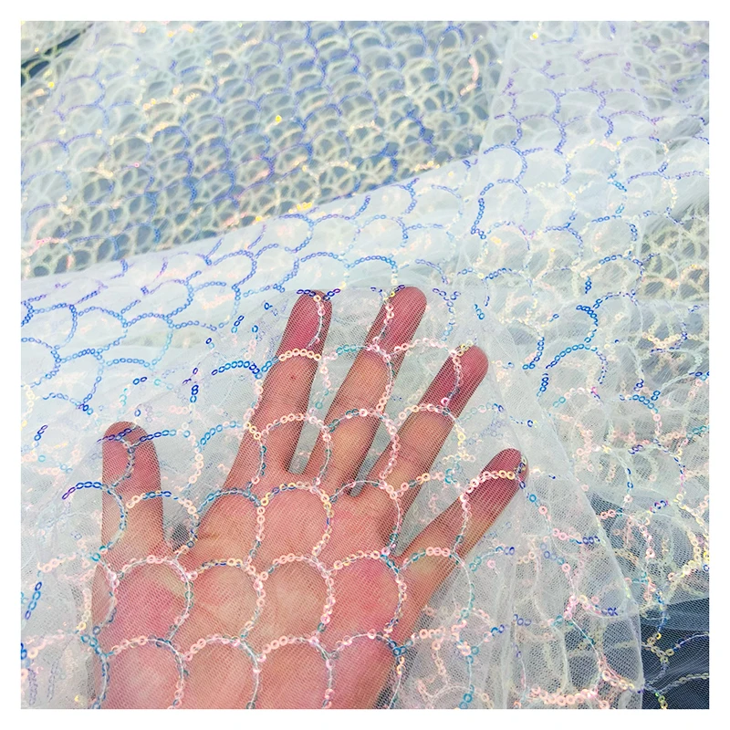 Girls Dancewear Color Shiny Metallic Sequins Fish Scale Mermaid Fabric Polyester Glitter Sequin Embroidery Mesh Tulle Fabric - 图片 4