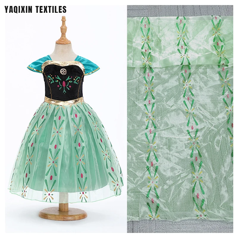 YX2241 Green Polyester Transparent Glitter Organza Fabric Custom Princess Anna Dress Baby Girl Clothing Skirts Fabric - 图片 4