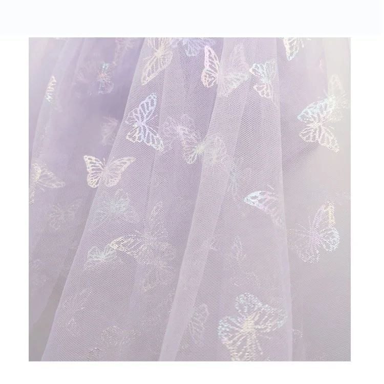 DX128 Stock Light Pink Polyester Tulle Fabric with Rainbow Color Butterfly Bronzing Net Mesh Fabric Wholesale - 图片 4
