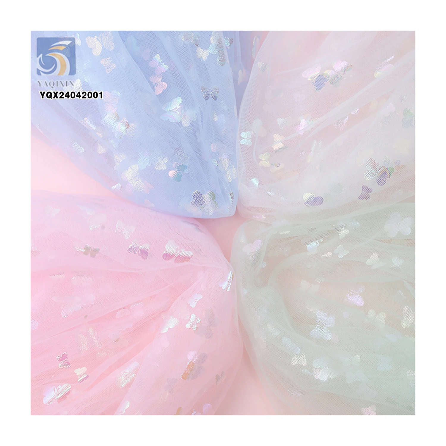 DX132 Stock Cartoon Butterfly Pattern Colorful Foil Print Bronzing Tulle Mesh Fabric Wholesale