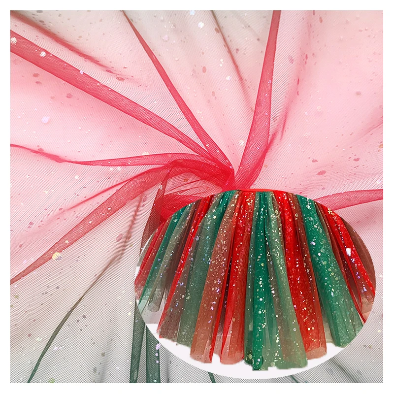 YX2003 2025 Fancy 100% Polyester Christmas Digital Print Tulle Evening Dress Fabric Rainbow Red Green Glitter Mesh Fabric - 图片 3