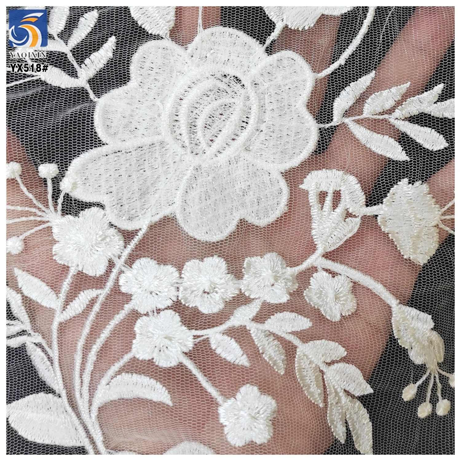 YX518 2025 New Design Custom 100% Polyester Soft Pure White Flowers Tulle Embroidery Bridal Fabric - 图片 5