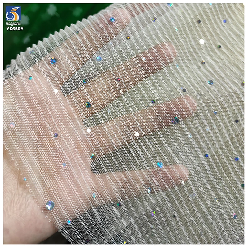 YX650 2025 Fashion Dance Skirt Fluffy Stretch Tulle Mesh Striped Pleated Fabric With Holographic Sparkle Sequins