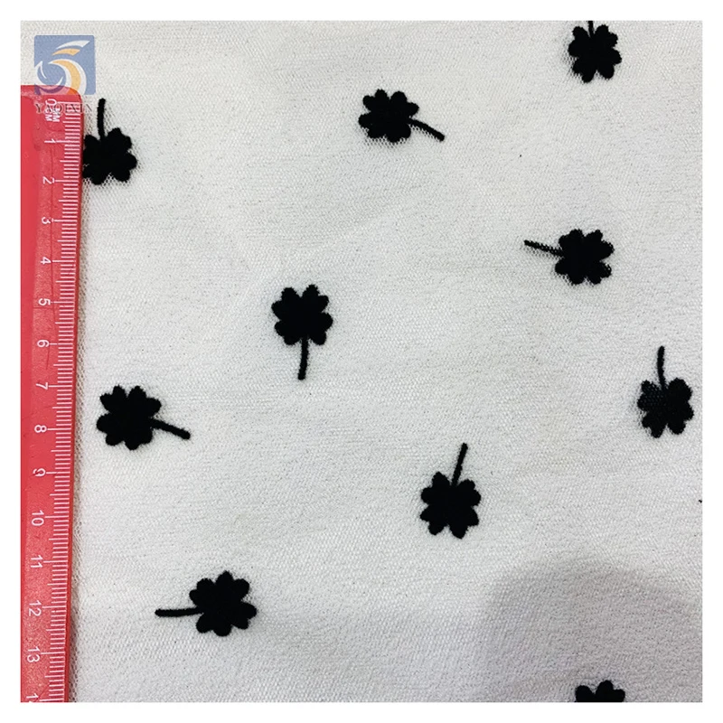Competitive Price Flock Tulle Net Fabric Dress Model Latest Black French Small Floral Flocked Tulle Mesh Lace Fabric - 图片 6
