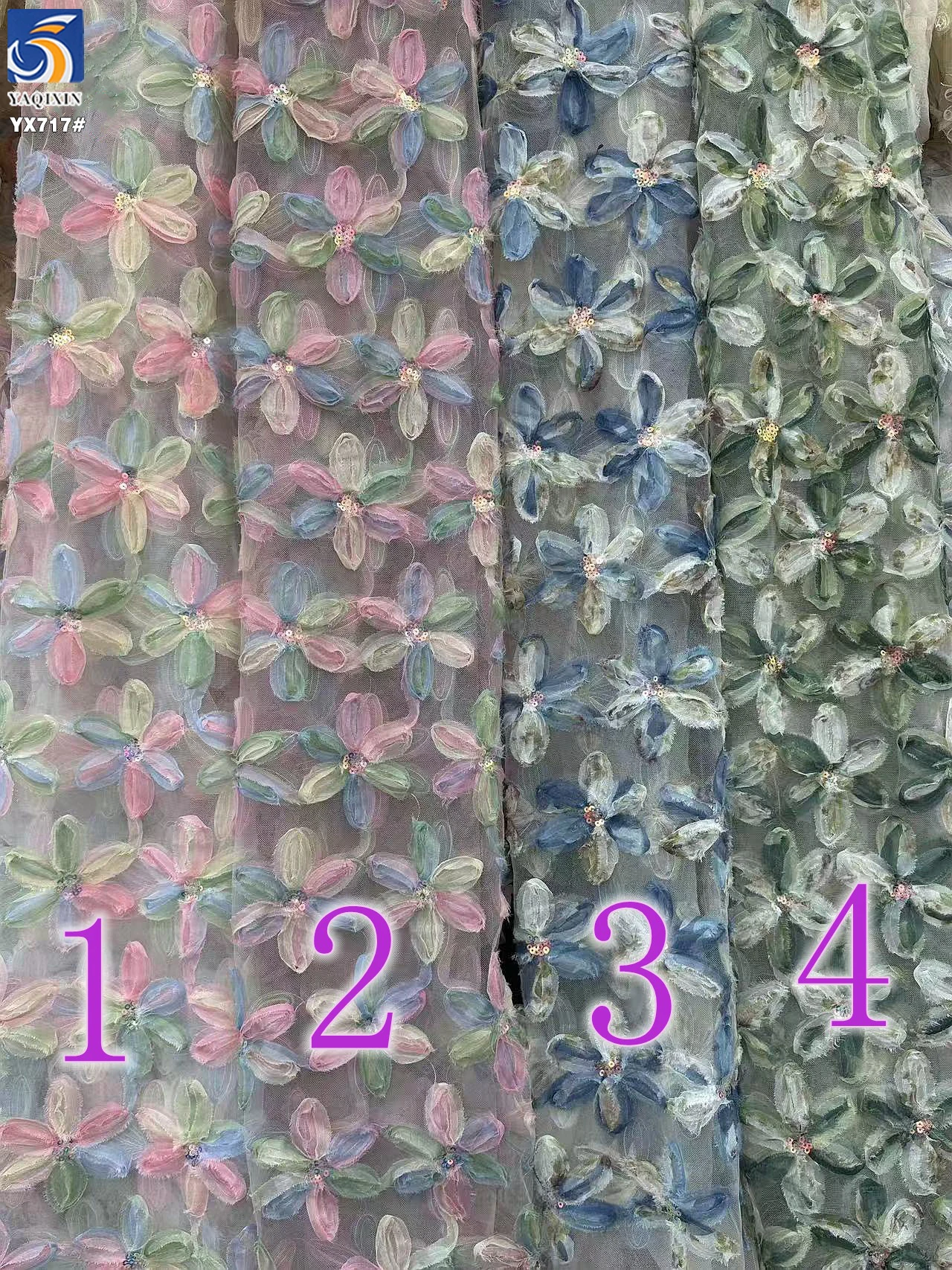 YX717 2025 Latest 3D Flowers Embroidery Fabric With Sequins Mesh Gradient Color Knitted Tricot Tulle Fabric for Skirts - 图片 3