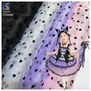 YX322 New Arrival Fluffy Stiff Polyester Shiny Organza Black Flocked Heart Fabric for Headpieces Dresses