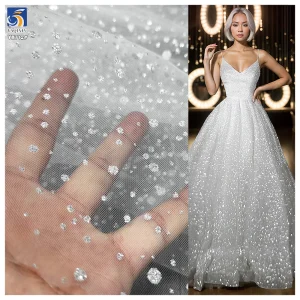 YX712 Customized White 40gsm 100 Polyester Knitted Bridal Tulle Fabric Soft Sparkle Glitter Effect for Wedding Dress Making