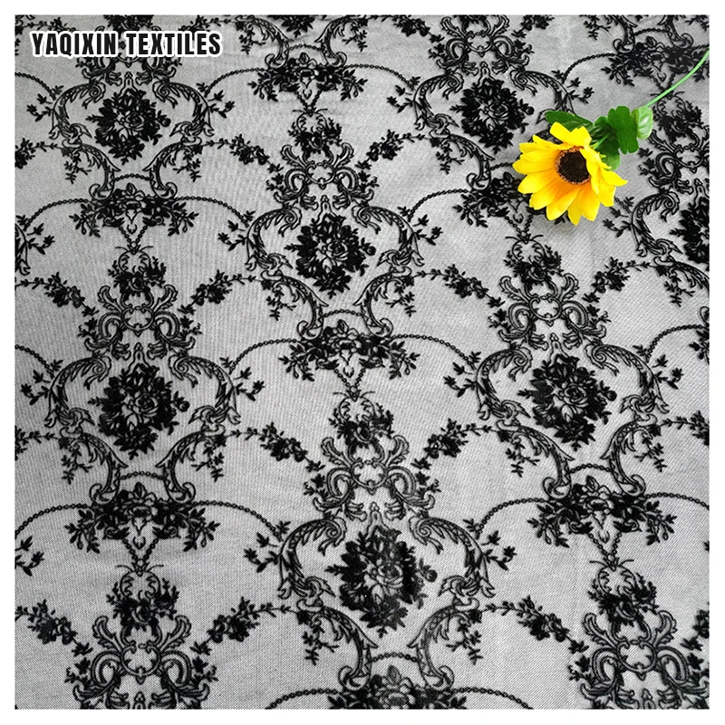 In Stock Polyester Spandex Flocked Floral Mesh Lace Fabric in Black 4 Way Stretch Power Mesh Net Fabric for Dress - 图片 5