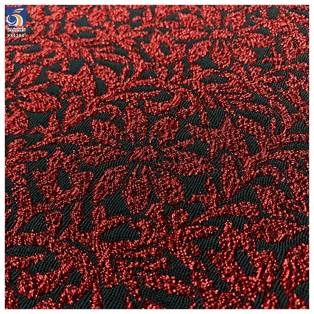YX1284 160gsm 100% Polyester Wholesale Wine Red Shiny Lurex Jacquard Fabric With 3D Rhinestones Arabic Dress Jacquard Fabric - 图片 4