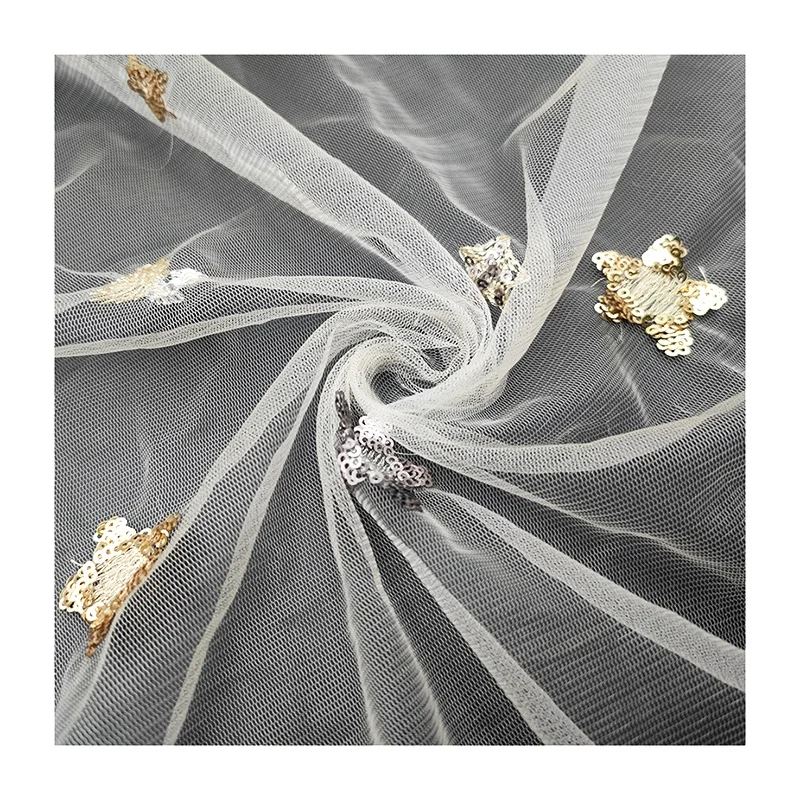 CP13 Beautiful Gold/Silver Sparkling Sequins Stars Tulle Lace Fabric for Prom/Wedding Gowns - 图片 3