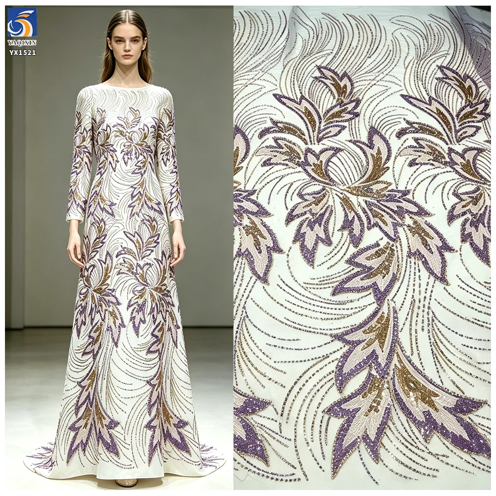 YX1521 300gsm White Bridal Mesh Fabric With Purple Gold Leaf Beaded Embroidery Lace Fabric for Couture Dress - 图片 6