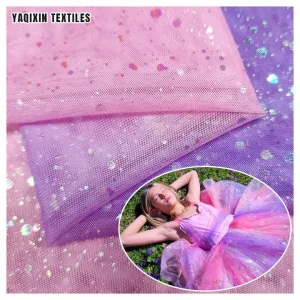 TH706-8 Pink Purple Dream Knit Tie Dyed Style Fabric Glitters Sparkles Bridal Tulle Mesh Lace Fabric With Gradient Colors