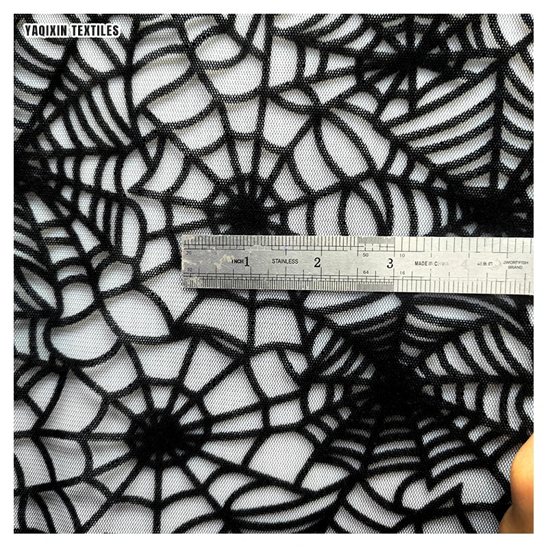 YX2274 Latest Dark Black Soft Polyester Spider Web Pattern Design Flocking Tulle Mesh Fabric for Halloween Hijab Headwear - 图片 5