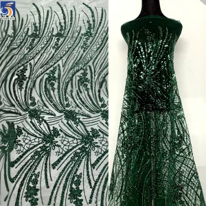 YX1173-1 200gsm Cheap Knitted Embroidery Africa Sequin Lace Fabric Decorated With Sequins Mint Green Lace Fabric 1 Yard OEM