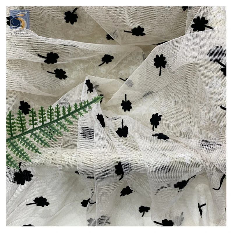 Competitive Price Flock Tulle Net Fabric Dress Model Latest Black French Small Floral Flocked Tulle Mesh Lace Fabric - 图片 4