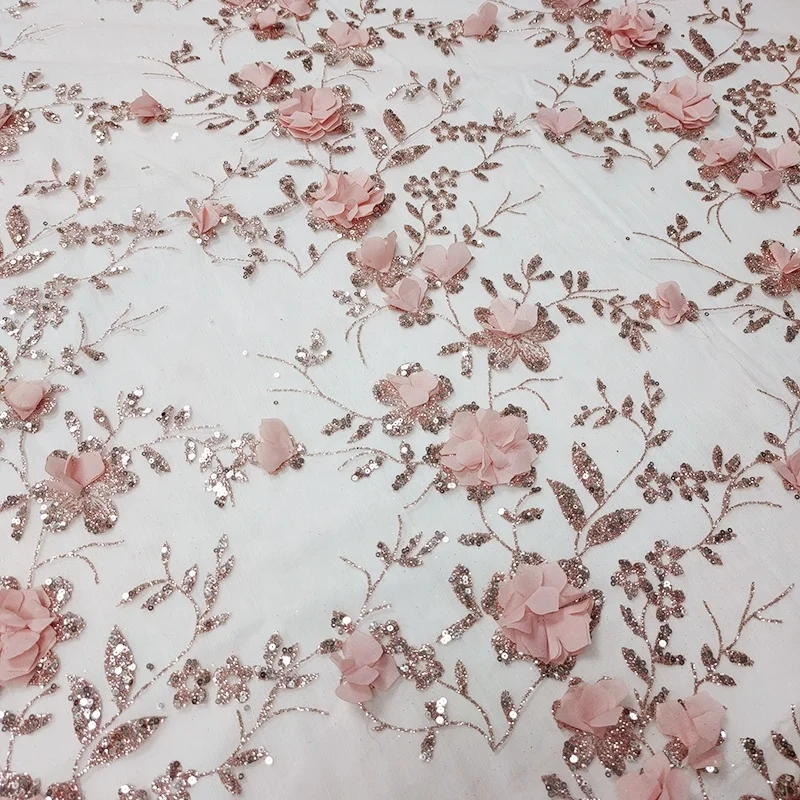 YX2135 Romantic Pink Australian Lace Fabric Bridal 3D Sequins Flower Embroidered Lace Fabric for Clothing Wedding - 图片 4