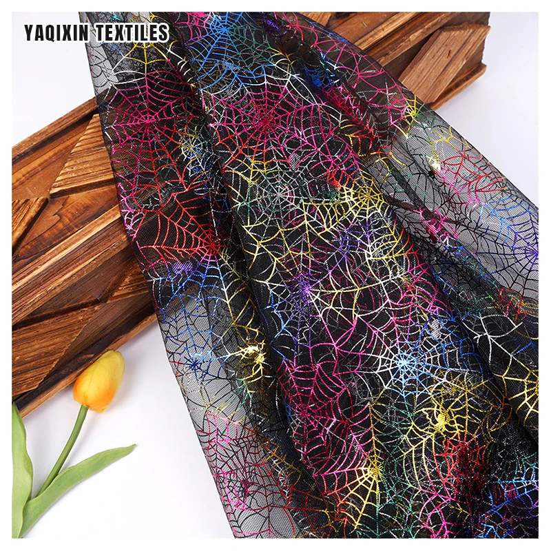 New Pumpkin Bat Spider Web Printed Tulle Mesh Fabric Black Polyester Gold Silver Glitter Print Tulle Fabric Halloween - 图片 3