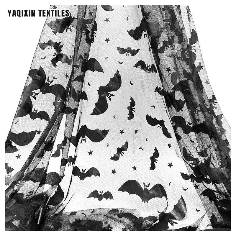 YX2235 Best Selling Halloween/Spooky Style Dark Night Bat Printed Mesh Fabric Black Polyester Mesh Skirts Fabric Stage Costumes