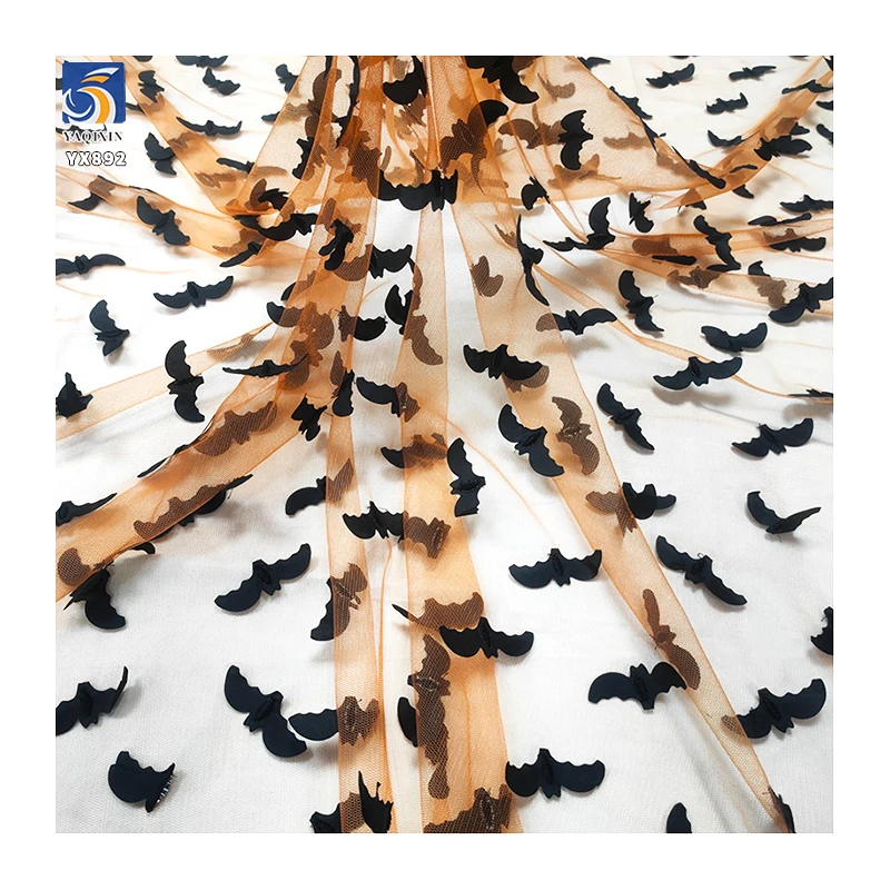 YX892-1 Holidays Tulle Purple/Orange Embroidered Halloween Bat Mesh Tulle Fabric for Girls Skirt Decoration - 图片 4