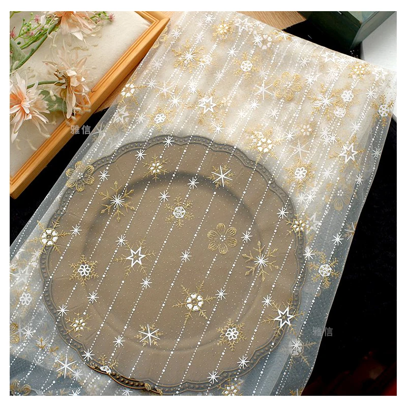 Sprinkle Gold Mesh Clothing Lace Fabric Snowflake Star Print Tulle Mesh Fabric for Christmas DIY Doll Clothing Dress - 图片 6