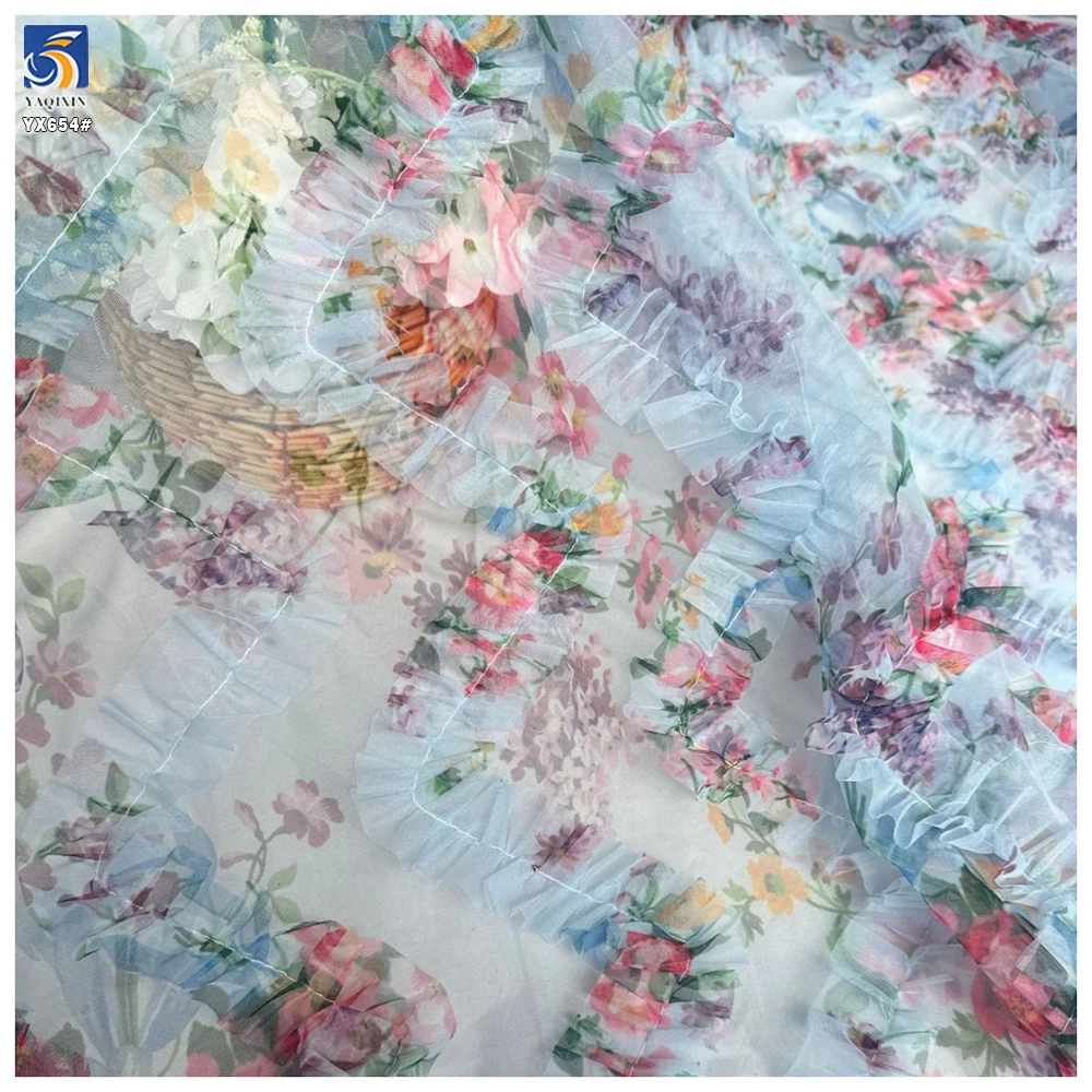 YX654 2025 Red and Blue American Flag Design 3D Flower Digital Printing Mesh Embroidered Ruffle Tulle Fabric - 图片 6