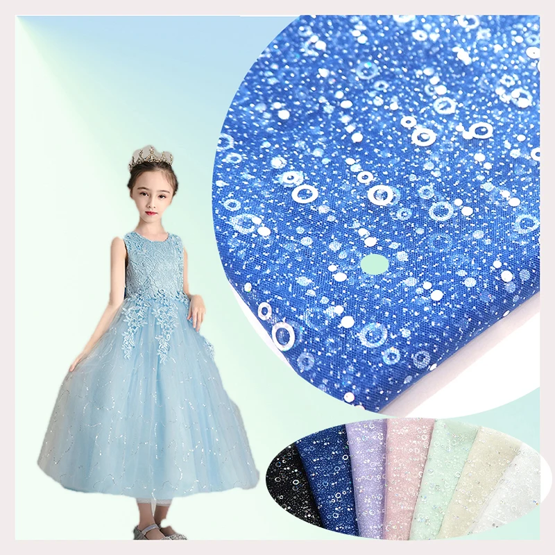 Blue Polyester Tulle Mesh Fabric Round Metal Sequin Mesh Tulle Sequin Fabric - 图片 3