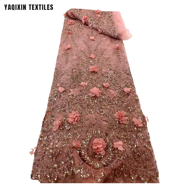 YX2256 High-End Luxury French Dress Lace Fabric Chiffon 3D Flower Pink Peach Glitter Sparkle Embroidered Tulle Lace Fabric - 图片 4