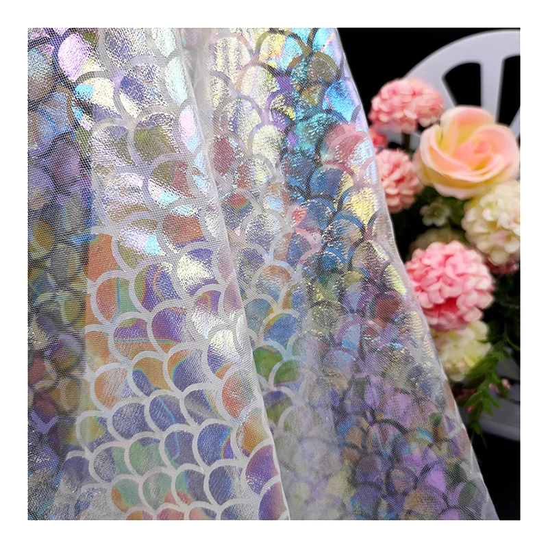 Colorful Fish Scale Laser Holographic Fabric Tulle Printed Mesh Fabric Wedding Dancewear Fabric - 图片 6