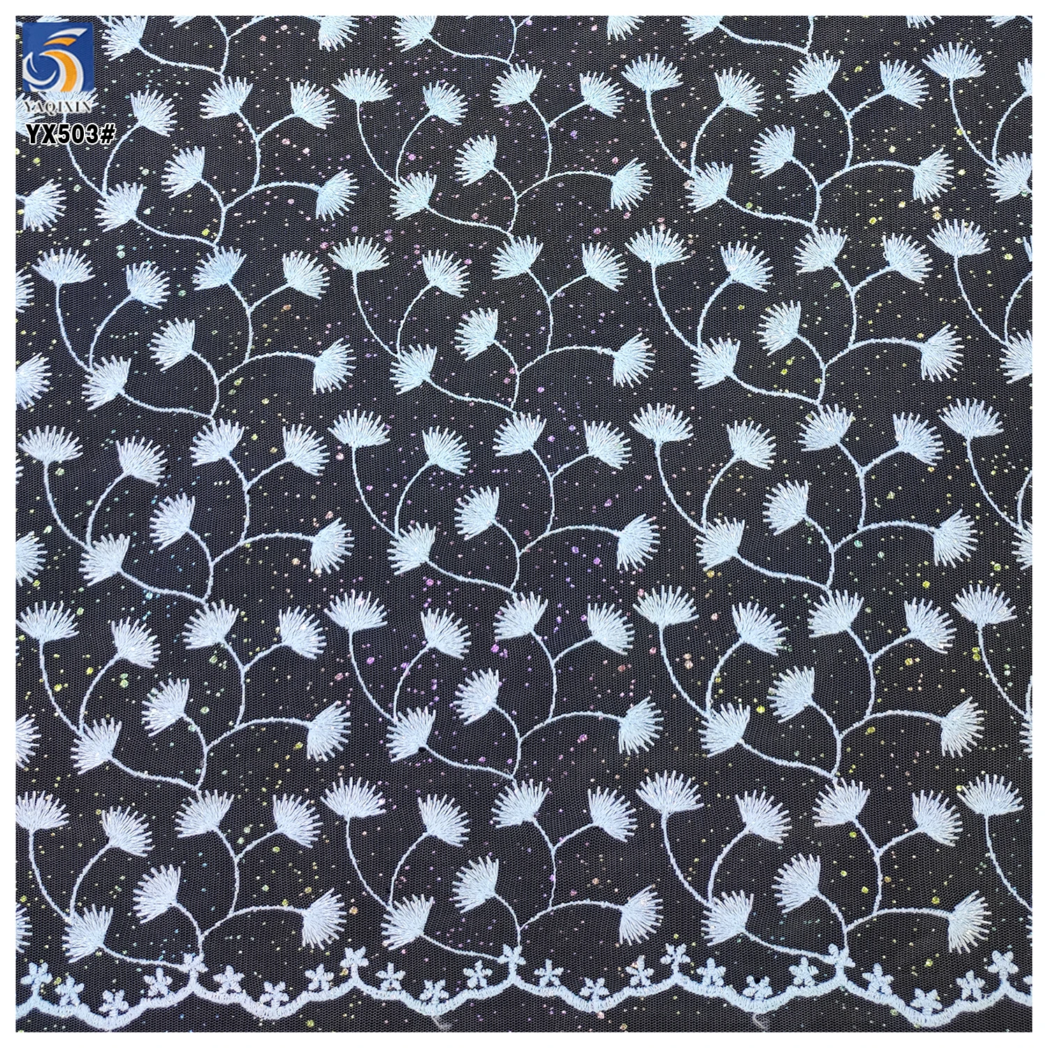 YX503 Custom Maple Leaf Pattern Polyester Embroidered Mesh Net Fabric With Gold Pink Sparkle Glitter - 图片 3