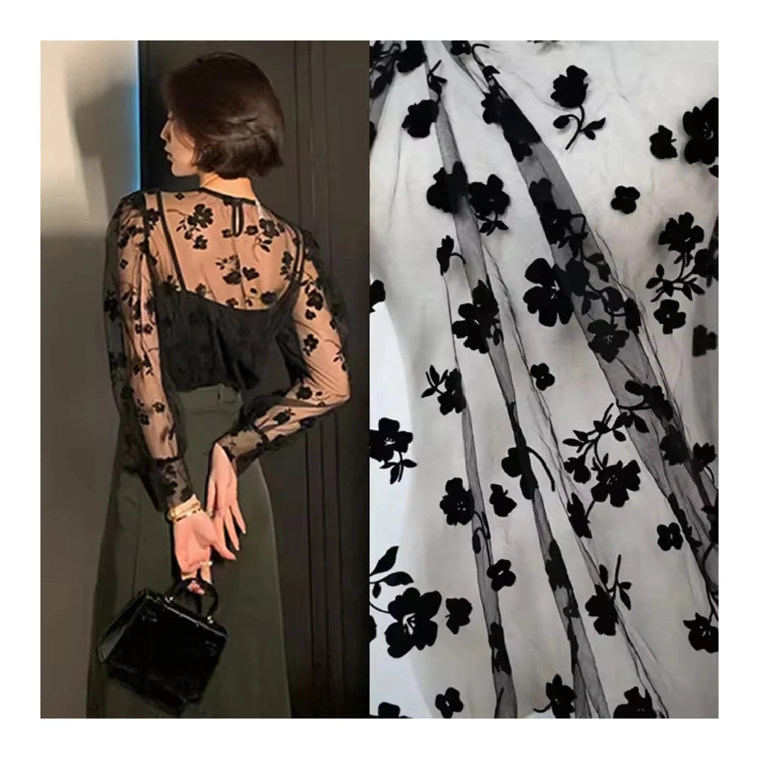 LST009 Custom Florals Flocked Mesh Tulle Fabric 100% Polyester Sexy Black With Beautiful Flowers for Girls' Garments