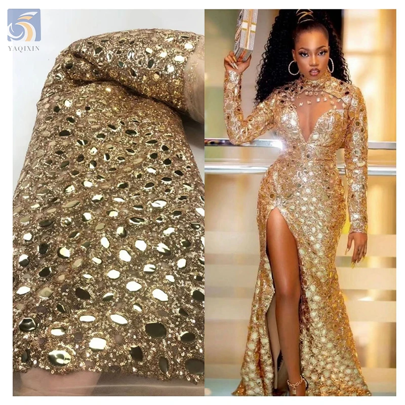OEM Luxury 2025 African Nigerian Gold Lace Fabric with Big Large Gold Sequin Fabric Dress African Lace Embroidery Fabric