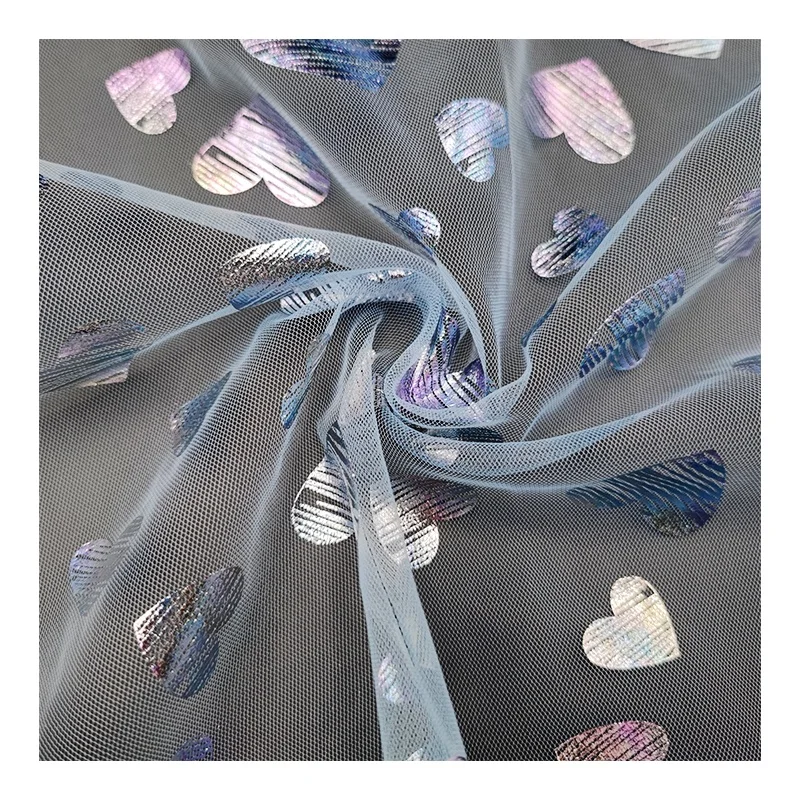 KT008 Valentine's Day Polyester Heart Tulle Fabric Customized Foil Printed Glitter Tulle Heart Fabric for Dress - 图片 5