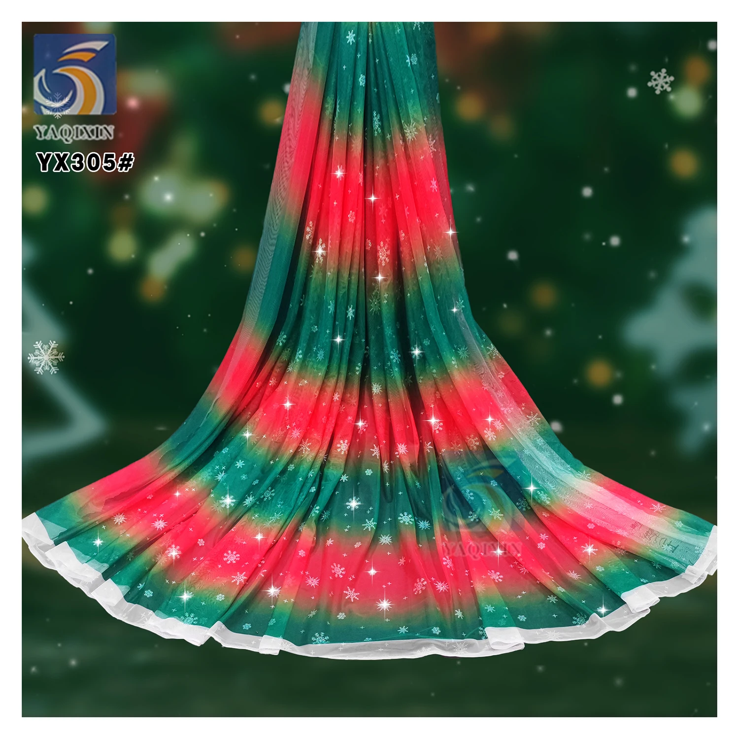 YX305-1 Non-shedding Glitter Rainbow Snowflakes Tulle Fabric Polyester Mesh Christmas Holiday Fabric for Kids - 图片 5