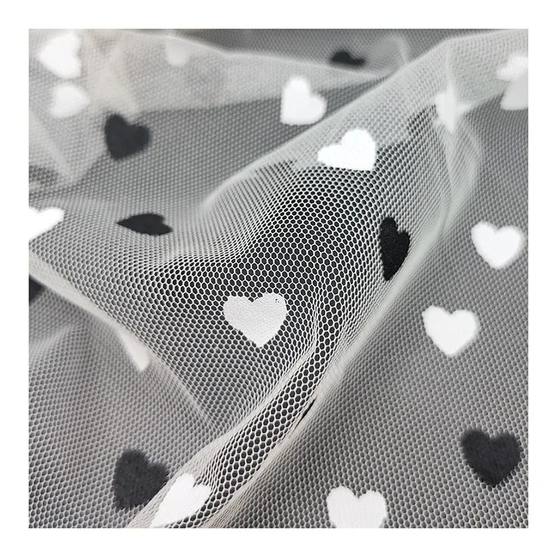 KT005 Black and White Two-Color Digital Printing Heart on 100%Polyester Tulle Mesh Net Fabric - 图片 5